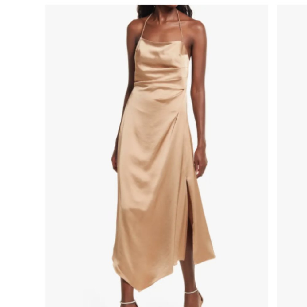 Significant Other One Another Asymmetric Hem Cocktail Midi Dress in Dark Gold